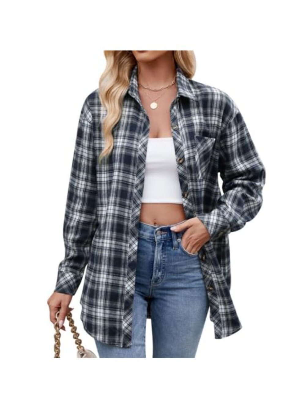 Women's Oversized Plaid Button-Down Blouse Long Sleeve Roll Tab Shirt Top